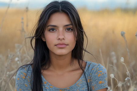 Portrait of a beautiful young woman with long dark hair posing in a wheat fieldの素材