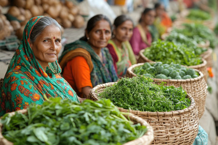 Indian women selling fresh, organic vegetables at a local market in Indiaの素材