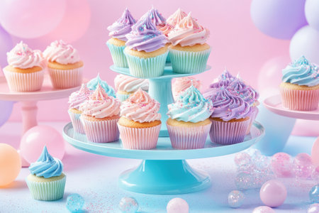 Delicious pastel colored cupcakes with frosting and sprinkles sitting on cake stands ready for a birthday partyの素材