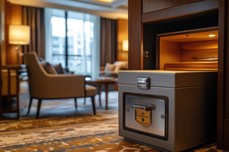 Metal shoe shine box placed on a patterned carpet in a luxurious hotel room, offering guests a convenient way to maintain their footwearの素材