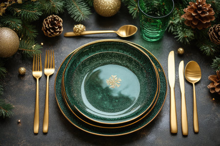 Festive Christmas table setting with green plates, golden cutlery, and decorations, creating an elegant and luxurious holiday atmosphereの素材
