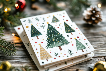 Stack of Christmas greeting cards with modern festive design featuring Christmas treeの素材