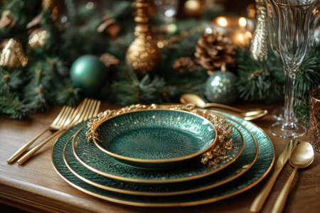 Festive table setting is ready for Christmas dinner with elegant green and gold plates, golden cutlery, surrounded by fir branches, ornaments and candlesの素材