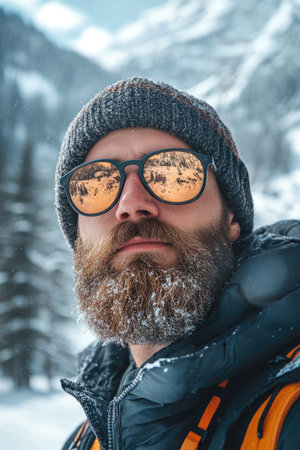 Portrait of a mountaineer wearing sunglasses reflecting a snowy mountain landscape, with snowflakes on his beardの素材