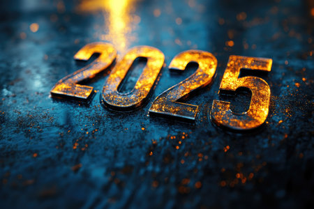 Golden 2025 numbers sparkling on a dark blue textured surface represent the upcoming new year and future possibilitiesの素材