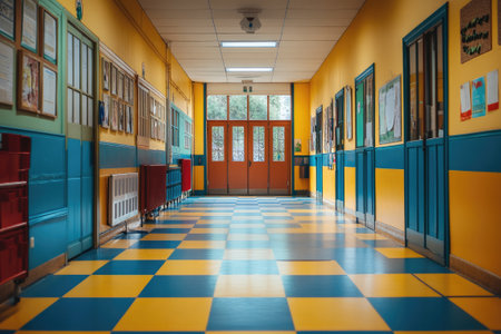 Vibrant yellow and blue checkered floor leads to the entrance of a deserted school hallway, hinting at the quiet before the students arriveの素材