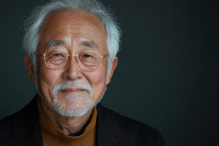Studio portrait of smiling senior asian man wearing glasses, looking at camera with a peaceful expressionの素材