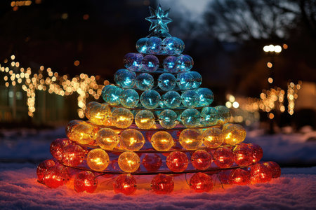 Modern Christmas tree made of colorful glowing light bulbs decorating snowy city park at winter nightの素材
