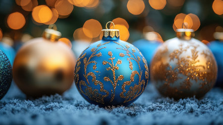 Christmas ornaments rest on snow in front of golden bokeh lights, creating a festive holiday sceneの素材