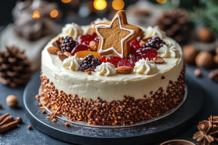 Christmas cake with white icing dripping, decorated with fruits, nuts, candies, and a gingerbread star cookieの素材