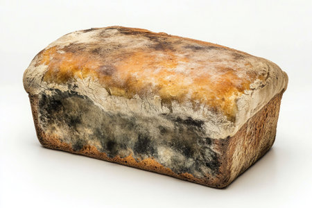 Close-up of a moldy bread loaf, highlighting food waste and spoilageの素材