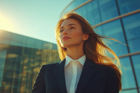 Portrait of confident businesswoman looking up with hope, enjoying her success in front of modern office buildingの素材