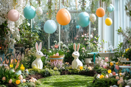 Two easter bunnies enjoying a vibrant spring celebration in a greenhouse adorned with colorful balloons and easter eggsの素材
