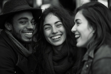 Three cheerful young friends are laughing and enjoying time together outdoorsの素材