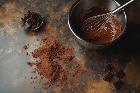 Metal bowl with melted chocolate being whisked, cocoa powder, and chocolate chunks on a marble countertopの素材
