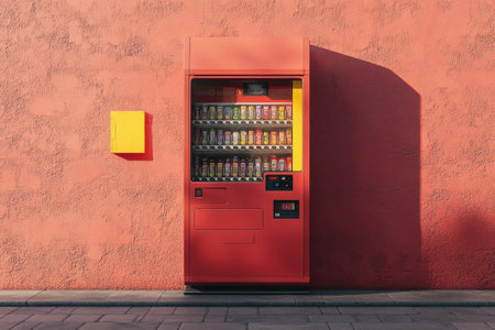 Red vending machine stands on a sidewalk next to a pink wall with a yellow mailbox, offering a convenient source of refreshmentsの素材