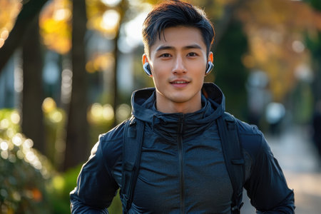 Young asian athlete wearing wireless earbuds and backpack while enjoying autumn park sceneryの素材