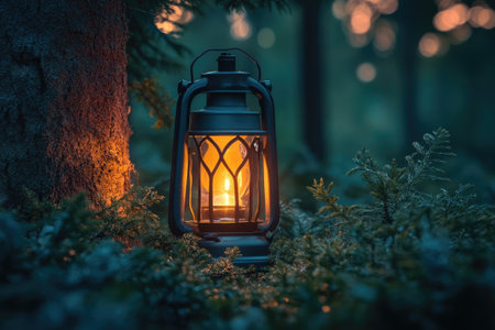 Old kerosene lamp sitting on moss in a forest at twilight, creating a magical atmosphereの素材