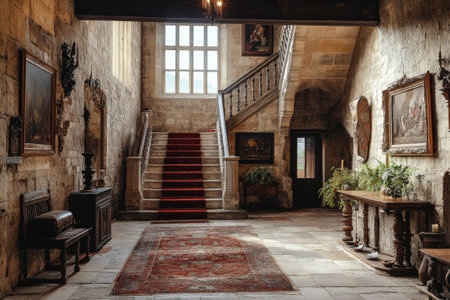 Sunlight illuminating grand entrance hall of historic stone mansion featuring elegant staircase with red carpet, antique furniture, paintings, and decorative plantsの素材