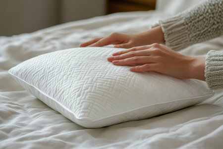 Woman's hands gently touching a comfortable white orthopedic pillow, enhancing the sense of relaxation and promoting quality sleepの素材