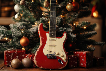 Red electric guitar standing near wrapped Christmas presents under decorated Christmas tree with warm lightsの素材