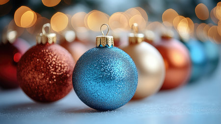 Colorful, glittering Christmas ornaments create a festive scene with soft, twinkling lights in the backgroundの素材