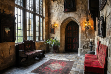 Sunlight illuminating hallway of a medieval castle with stone walls, antique furniture, and decorative rugの素材