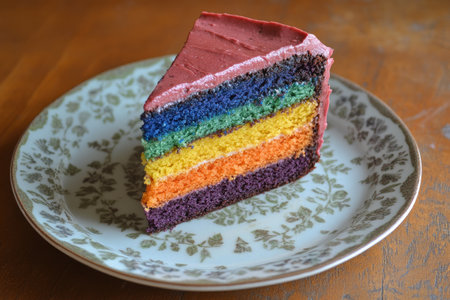 Colorful slice of rainbow cake with layers of different colors, sitting on a decorative plateの素材
