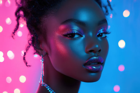 Beautiful woman with sparkling eyeshadow and lipstick posing under colorful neon lightsの素材