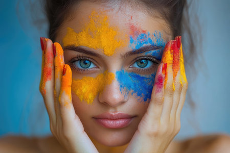 Model posing with colorful powder paint on her face and hands for a beauty or art conceptの素材