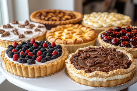 Mouth-watering pies showcasing an assortment of toppings, creating a delectable display for dessert loversの素材