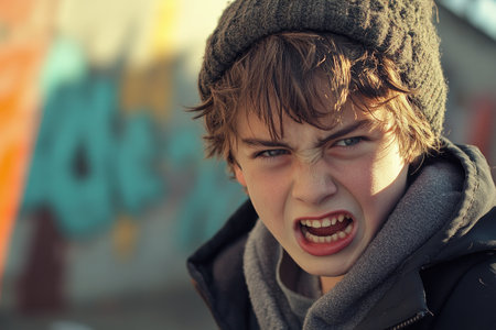 Young boy wearing a beanie and jacket expressing anger and frustration by shouting near a graffiti wallの素材