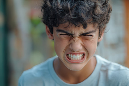 Portrait of a furious teen boy showing teeth, expressing negative emotions such as anger, rage, and frustrationの素材