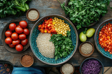 Vibrant and healthy vegan buddha bowl being assembled with various fresh ingredients and grains on a rustic wooden tableの素材