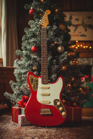 Red electric guitar standing next to the Christmas tree and presents, creating a festive musical atmosphereの素材