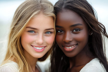Caucasian and African American models are smiling together showing diversity, friendship and beautyの素材
