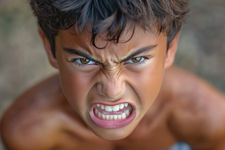 Close-up of furious child displaying intense anger and aggressionの素材