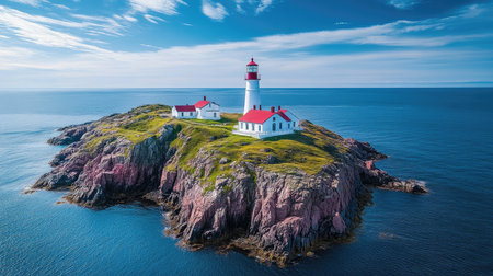 Scenic view of a lighthouse standing on a rugged island, guiding ships along the Newfoundland and Labrador coastlineの素材