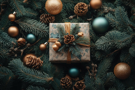 Festive christmas gift box nestled among snowy pine branches, golden ornaments, and pine cones, creating a warm holiday atmosphereの素材