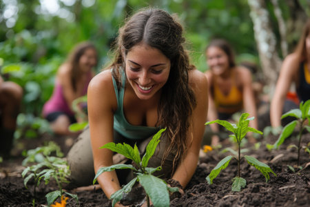 Happy volunteer planting trees in the rainforest with her team, working together to help the environmentの素材