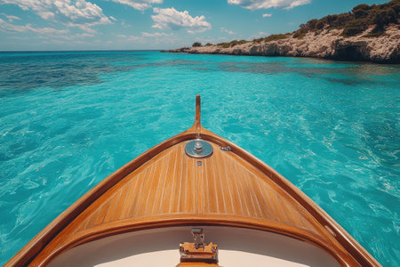 Luxurious wooden boat cruising on crystal-clear turquoise water, navigating a picturesque narrow channel surrounded by lush greenery and rocky cliffs in Croatiaの素材