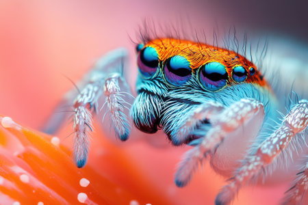 Extreme close-up of a colorful jumping spider showcasing its vibrant colors and intricate details on a delicate flower petalの素材