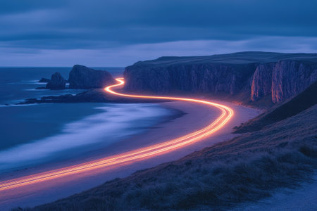 Light trails from car headlights illuminate a winding coastal road at twilight, showcasing the beauty of the Scottish landscapeの素材