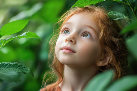Curious redhead girl admiring the beauty of nature, surrounded by lush green leavesの素材