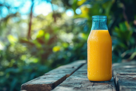 Refreshing mango juice in glass bottle sitting on rustic wooden table in lush tropical gardenの素材