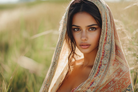 Portrait of a fashionable young woman wearing a headscarf in a field, enjoying the beauty of natureの素材