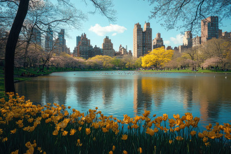 Beautiful yellow tulips blooming in the foreground with central park pond and upper west side skyline in background during a sunny spring dayの素材