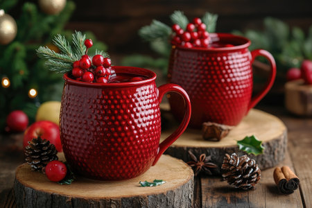 Two red mugs filled with a warm Christmas beverage, garnished with holly berries and pine needles, sit on rustic wooden coasters, creating a cozy holiday sceneの素材