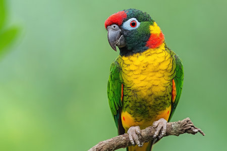 Fiery-shouldered conure sits on a branch, showcasing its colorful feathers against a blurred green backgroundの素材