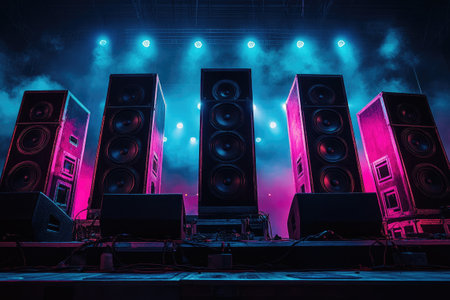 Large audio speakers stand on a stage bathed in blue and pink light, ready for a concert or performanceの素材